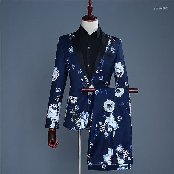 Herrenanzüge 2023 Herren Casual Slim Anzug Bräutigam Kleid Set Männer Korean Fashion Blue Print Blazer One Button Homme Kostüm Männlich 2 Stück Sets