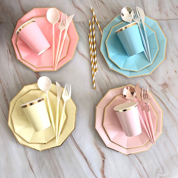 Falhe de talheres descartáveis ​​40pcs/lote tableware conjunto de tabela de papel dourado colorido de papel copos pratos de aniversário chá de bebê decoração de casamento suprimentos 230216