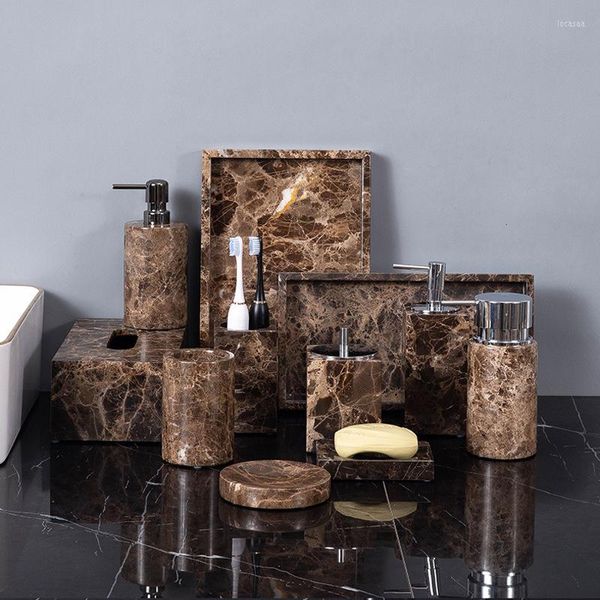 Set di accessori per il bagno Kit dispenser per portasapone portaspazzolino marrone scuro personalizzato all'ingrosso Emperador Dark Natural Marble Stone Bagno