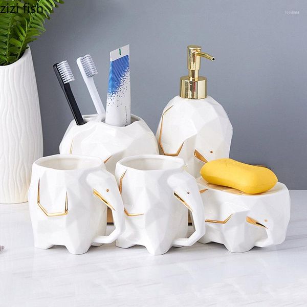 Set di accessori per il bagno Bottiglie per lozione per shampoo in ceramica a forma di elefante Bagno per la casa Bicchieri per collutorio Portasapone Accessori per portaspazzolino