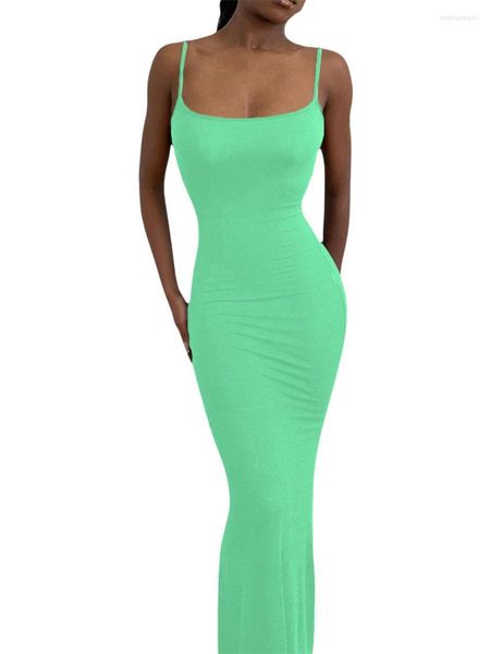 Casual Kleider Wsevypo Frauen Sexy Hosenträger, Figurbetontes Kleid 2023 Sommer Einfarbig Ärmelloses Low Cut Rundhals Sling Langes Sommerkleid Clubwear