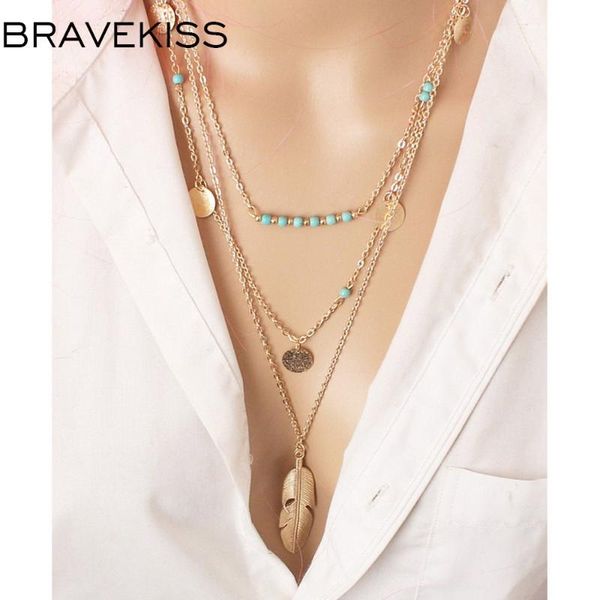 Anhänger Halsketten BRAVEKISS Böhmen Pailletten Lange Halskette Blatt Ethnische Feder Perle Mehrschichtige Modeschmuck Für Frau Sommer BPN1233