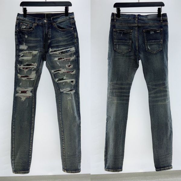 2023 Tasarımcı Erkek Kot Pantolon Yırtılmış Yüksek Sokak Moda Marka Yamaları Detay Biker Fit Kot Penerler Erkekler Erkekler İçin İnce Motosiklet Vintage Sıkıntılı Denim Jean Pants