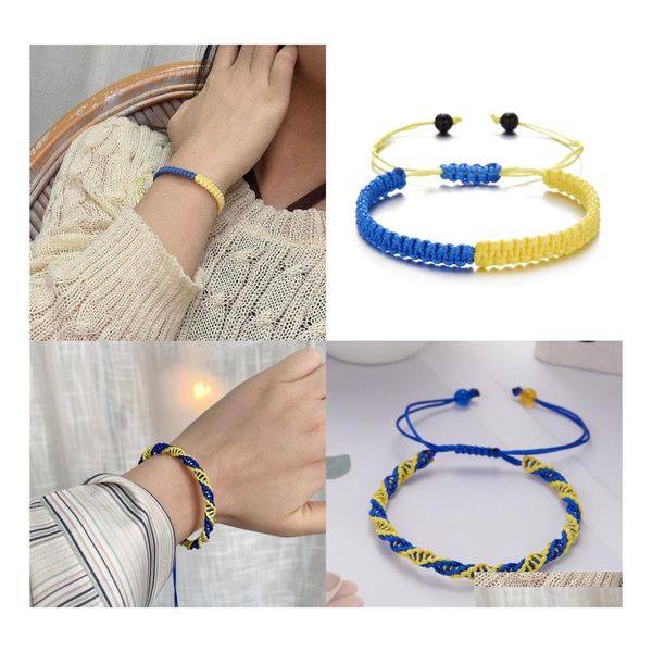 Braccialetti con ciondoli Nodo portafortuna Girasole Bandiera Ucraina Colore Blu Giallo Donna Uomo Braccialetti fatti a mano intrecciati Gioielli regolabili Goccia Dh35V