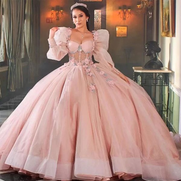 Очаровательные Quinceanera Pink Promes Dewetheart Pufpy с длинным рукавом сладкие 15 платья