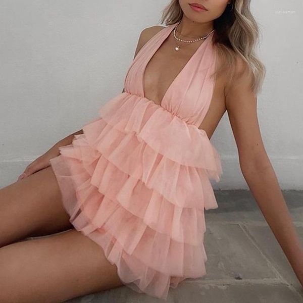 Повседневные платья 2023 Женская одежда сексуальная сетчатая сетка розовая без спинка V-образное вырезка висящая юбка на день рождения