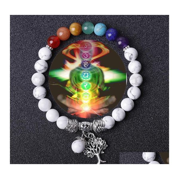 Braccialetti con ciondoli Hq Ciondoli albero retrò Bracciale con sette chakra Nero Bianco Turchese Pietra lavica Perline Donna Uomo Amante Energia Buddha Ebreo Dhhov