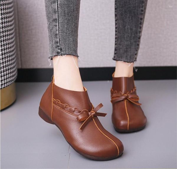 Botas Wedge Women Feminino 2023 Bowknot Soft Mody Fashion Fashion Back Zipper Sapatos de couro Saltos planos Boot