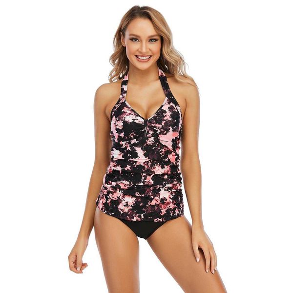 Biquíni atacado sexy roupa de banho rosa preto flor halter dividido para mulheres