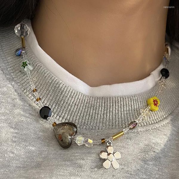 Choker Koreanische Blume Anhänger Kristall Klasse Kies Perlen Halskette Für Frauen Cool Y2K 2023 Mode Schmuck Exquisite Zubehör