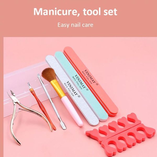 Kit per nail art Set di strumenti per manicure Cassetta degli attrezzi Kit testina per trapano Forbici/Separatore per dita/Pennello/Blocco spugna/Striscia di lucidatura di scatole