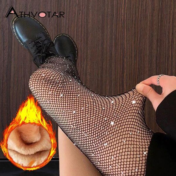 Socken Strumpfwaren ATHVOTAR Strumpfhosen Frauen Sexy Gefälschte Transluzente Schwarz Mesh Weibliche Herbst Winter Samt Elegante Verdicken Warme Socken Strumpfhosen 230215