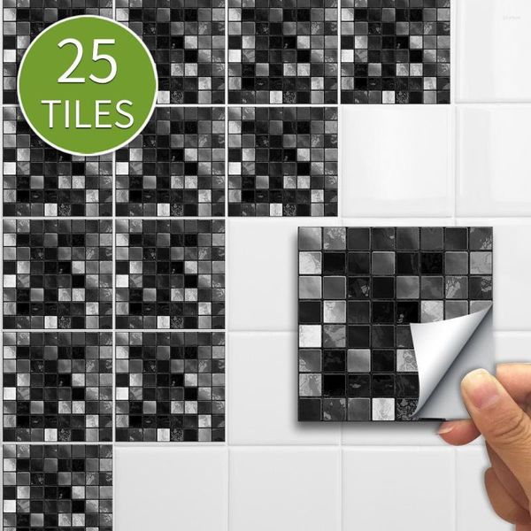 Adesivi murali 25 pezzi Adesivo per piastrelle a mosaico in PVC nero Adesivo per piastrelle autoadesive impermeabili Decalcomanie Cucina Decorazioni per pavimenti per la casa