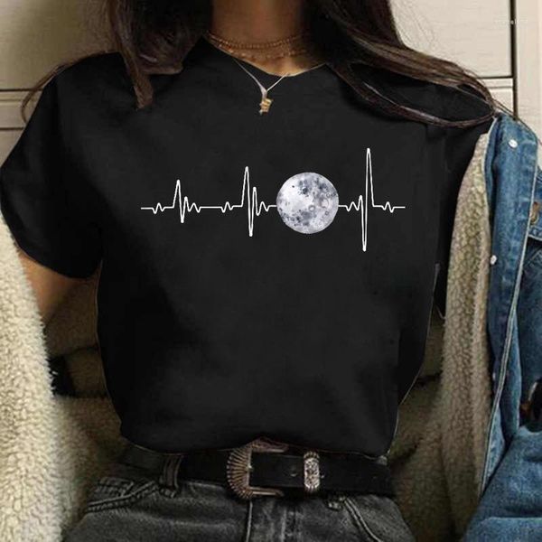 T-shirt da donna Moon T-shirt nera da donna casual girocollo R Eclipse stampata gotica