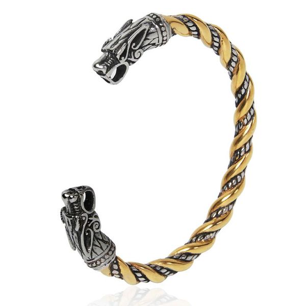 Pulseiras de charme aço inoxidável nórdico lobo cabeças de pulseira mistura de ouro e jóias de viking prateado como homem ou mulher presente