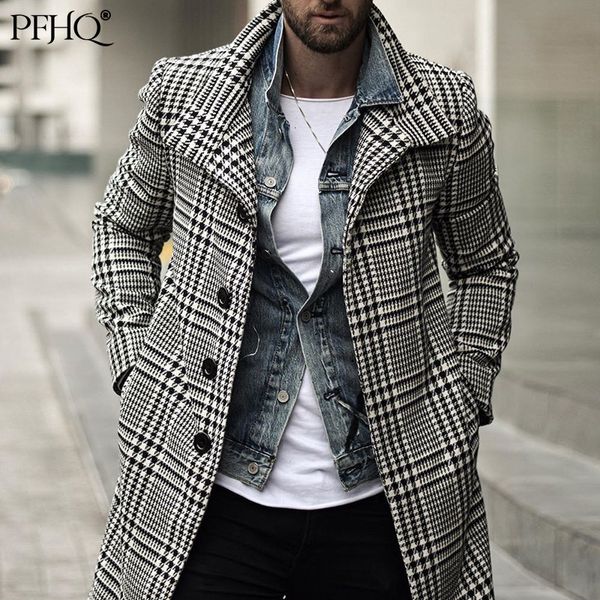 Herren Wollmischungen PFHQ 2023 Herbst Mode Plaid Windjacke Casual Streetwear Mantel Gentleman Luxus Graben Langer Mantel Manteau 21D3186 230216