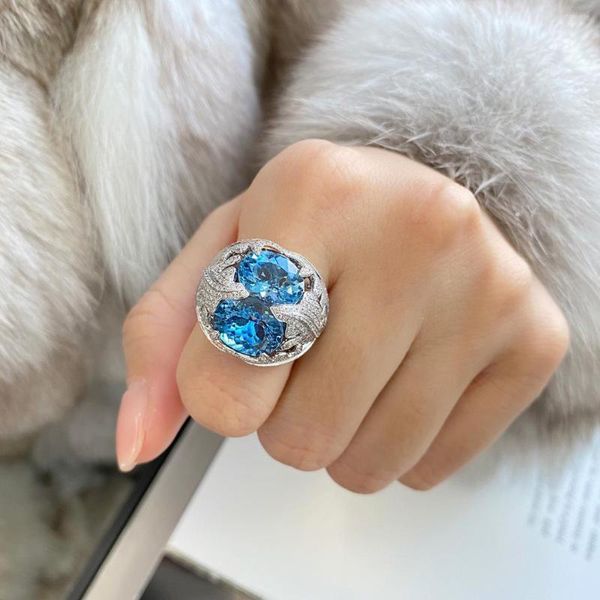 Кластерные кольца роскошные аквамариновые бриллиантовые кольцо 925 Стерлинговое серебряное обручальное кольцо для женщин свадебные обещания Подарок