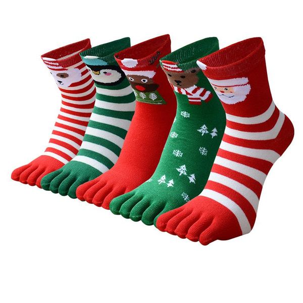 Calzini da uomo Coppie Natale con dita dei piedi Rosso Verde Babbo Natale Autunno Inverno Punta per uomo Donna Bambini Cinque dita Cartone animato Calzino Uomo