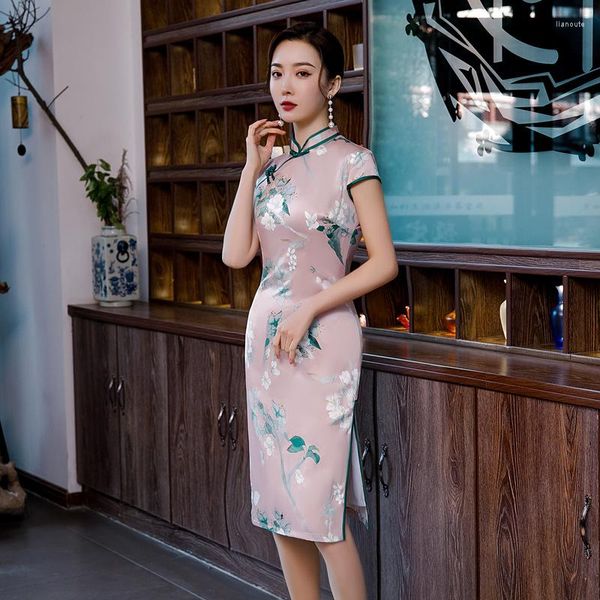 Этническая одежда розовая плюс размер 4xl Rayon Lady Daily Daily Cheongsam Платье Принт цветочный цветок элегантные тонкие вечерние платья Винтажные короткие рукава