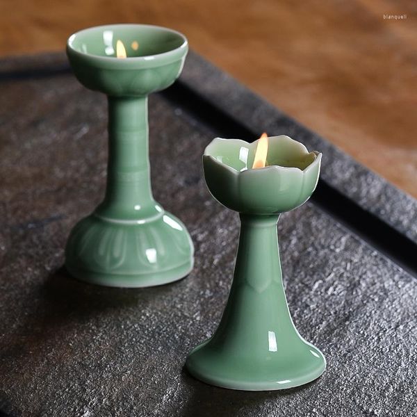 Titulares de vela Celadon Props Lotus Candlestick Decoration Butter Lamp Titular Centerpieces Crystal Home Decore