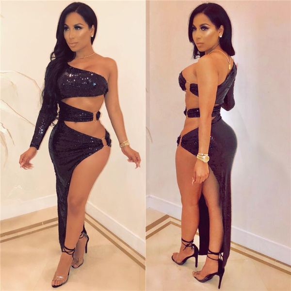 Sıradan elbiseler ahvit parıltılı renkte patalı patchwork seksi kadınlar bir omuz içi boş kılıf arkası arka plansız bodycon parti ls6204