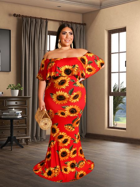 Robes de grande taille femmes Boho Maxi Robe de grande taille été imprimé fleuri Slash cou Robe robes de soirée en gros goutte 230216