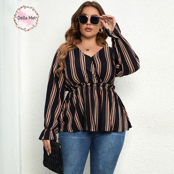 Mulheres Plus Size Camiseta Della Mel Mulheres Plus Size Vintage Manga Longa Tops Listrado Impressão Envoltório V-Neck Solto Babados Cintura Elástica Peplum Blusas 3XL 4XL 230216