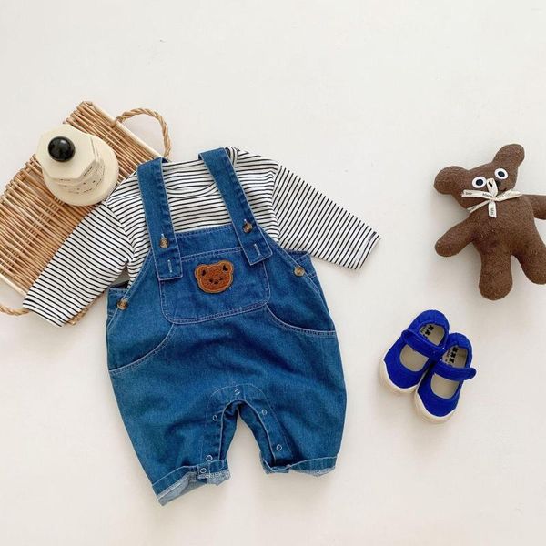 Kleidung Sets 2023 Herbst Baby Mädchen Kleidung Set Niedlichen Bären Kopf Stickerei Denim Overalls Und Gestreiften Baumwolle T-shirt Infant jungen Anzug