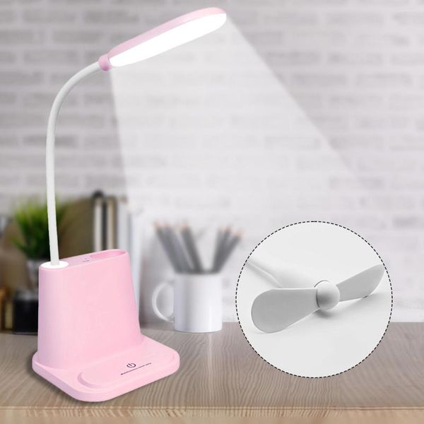 Lâmpadas de mesa Lâmpada de mesa de mesa 1200mAh Luz LED com caneta/suporte para o telefone USB Fan