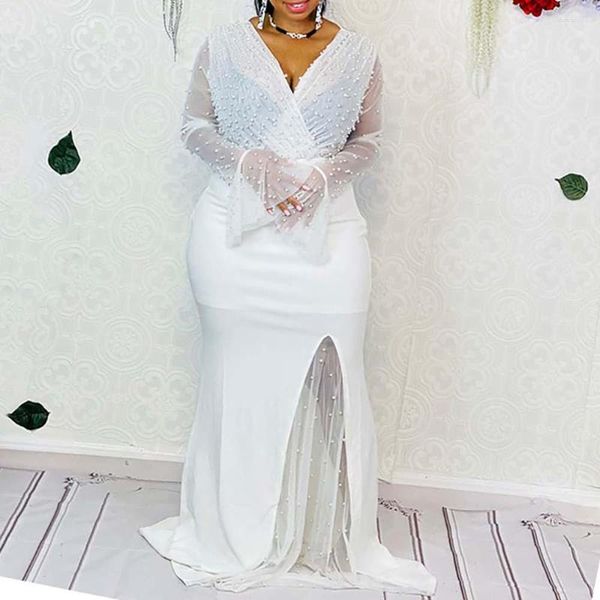 Plus Größe Kleider Perlen Kleid Frauen 2023 Mode Langarm Mesh Sexy Durchsichtig Plain V-ausschnitt Elegante Weibliche Weiß Maxi party