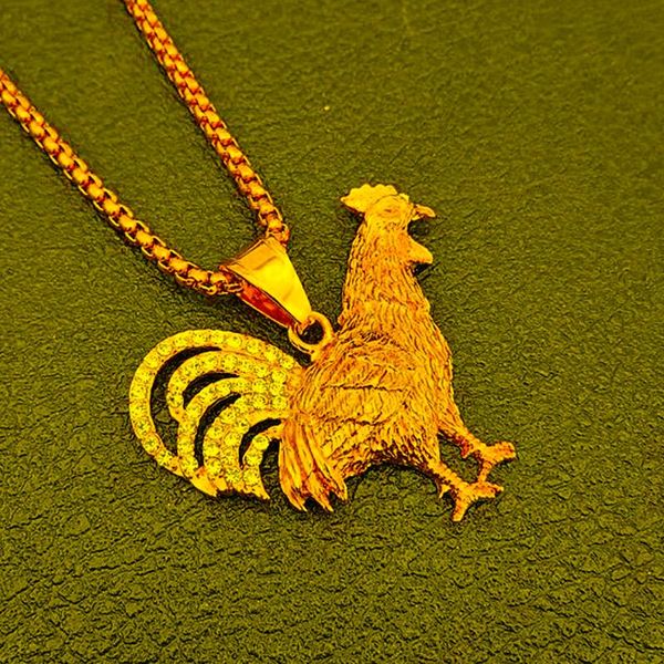 Anhänger Halsketten Hip Hop Strass Gepflasterte Gold Farbe Edelstahl Huhn Hahn Hahn Anhänger Halskette Für Männer SchmuckAnhänger