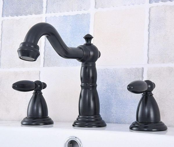 Rubinetti per lavandino del bagno Lavabo Nero Bronzo lucidato a olio Montaggio su piano 3 fori Doppia maniglia e rubinetto acqua fredda Tsf533