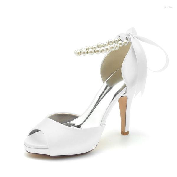 Scarpe eleganti Tacchi alti Piattaforma Matrimonio Per la sposa Punta aperta Raso Perle Cravatta a nastro Sandalo da donna Prom / Evenin / Fidanzamento