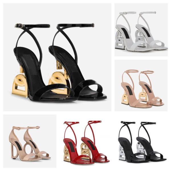 Novas marcas de verão de luxo sandálias de couro envernizado sapatos femininos salto pop preto folheado a ouro carbono nude preto vermelho bombas gladiador sandalias sapato com caixa eu35-43