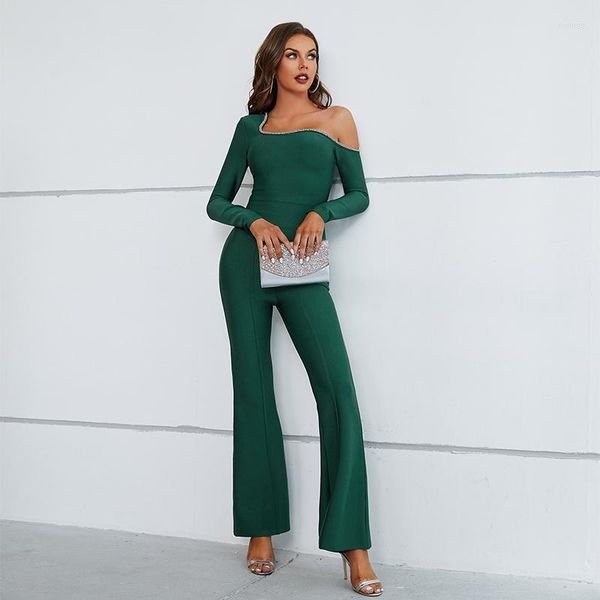 Zweiteilige Damenhose, grüne Farbe, glänzende Diamanten, Linie Ausschnitt, sexy, schulterfreies Oberteil und Set, Mode, Streetwear, Bürodame, Damen