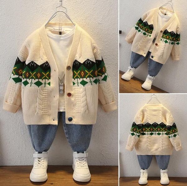 B131 Kinder-Designerkleidung, geometrisches Muster, beige Strickjacke, Baby, Junge, Mädchen, Pullover, grün, V-Ausschnitt, Strickwaren, Pullover, Kindermantel