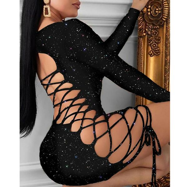 Abiti casual Donna Sexy Manica lunga Backless Scava fuori Foro laterale Fasciatura aderente Sparkle Paillettes Evening Party Club Mini abito a matita 230216