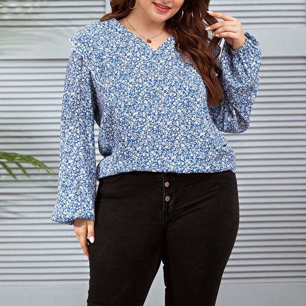 Camiseta feminina plus size 4xl plus size blusa floral feminina solta decote em v camisa de manga comprida elegante senhora impressa alta bainha baixa pulôver roupas grandes a3 230216