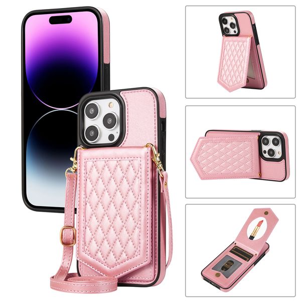 Luxe lederen portemonnee spiegelkaarten Solt Case voor iPhone 14 Pro Max 13 Mini 12 11 XR XS 8 7 Plus RFID-blokkeerkaarthouder Stand achterkant met Crossbody Lanyard