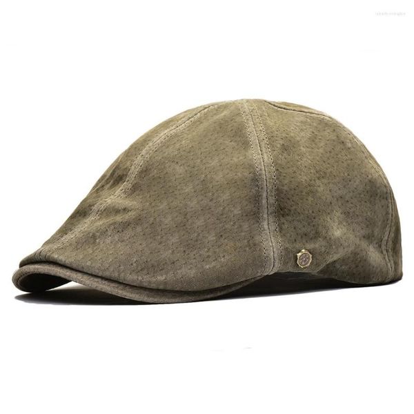 Berretti VOBOOM Berretti piatti berretti berretti in vera pelle verde Vintage Retro Uomo Donna Vera pelle di cinghiale Cappellino edera Cappellini Sboy Boina 153