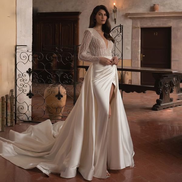 Modest coxa altas fendas sereia vestidos de noiva destac￡vel Princesa vestido de noiva Biading Top Vestido de Noiva