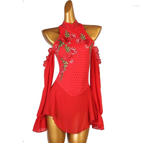 Bühnenkleidung Rotes Eiskunstlaufkleid Damen Mädchen Eisgymnastik Kostüm Benutzerdefinierte Kristall Strass B278