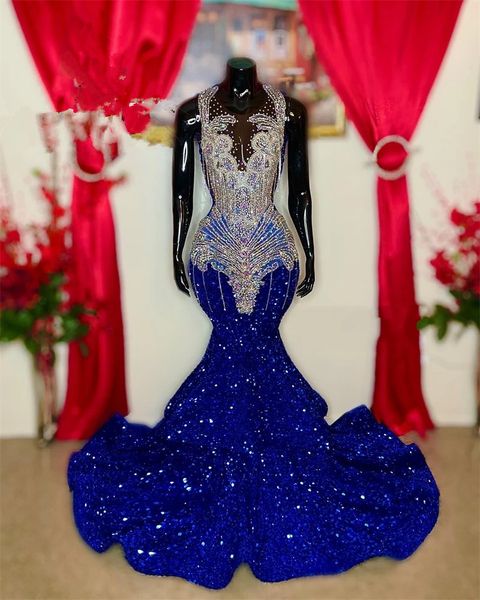 Sparkly Royal Blue O Neck Abiti da sera lunghi Black Girls 2023 gillter Celebrity prom Abiti da festa di compleanno con perline Sirena