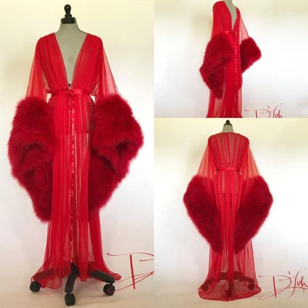 Brautjungfer Kleid Luxus Frauen Rot Pelz Bademantel Nachtwäsche Lange Nachthemden Kimono Morgenmantel Babydoll Dessous Bademantel Bademäntel