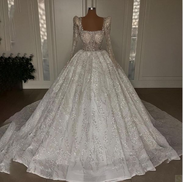 Glänzendes Ballkleid-Hochzeitskleid mit U-Ausschnitt, Pailletten, Perlen, Spitze, langen Ärmeln, Sweep-Zug, nach Maß Brautkleider Vestido De Noiva