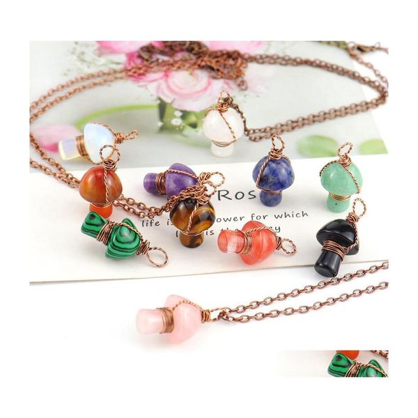 Anhänger Halsketten Retro Wire Wrap Carving Pilz Reiki Heilkristall Tigerauge Rosenquarz Opal Aventurine Halskette für Frauen J Dhvuy