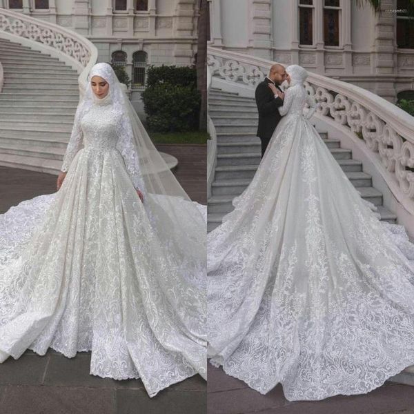 Abito da sposa Musulmano Pizzo A Line Abiti Elegante Collo alto Manica lunga 3D Appliques floreali Abiti da sposa Paillettes Sposa