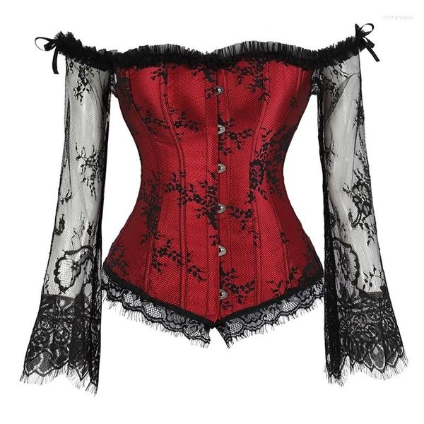 Camisetas femininas Mulheres com mangas estilo vintage Victorian Retro Burlesco Lace Corset e Bustiers Vest Tops Fashion White