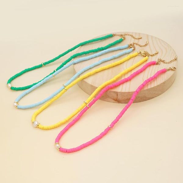 Halsband Go2Boho Heishi Halskette mit natürlichen Perlen für Frauen, einfacher Boho-Schmuck, Sommer-Strand-Halsketten mit weichen Polymer-Ton-Perlen