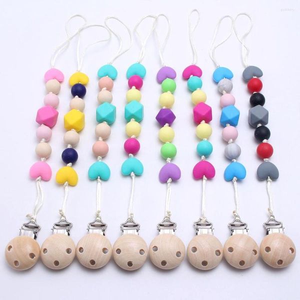 Ketten MHS.SUN Lebensmittelqualität Silikon Zahnen Schnuller Clips mit Original Holz Herz Beißring Kette Clip Halter Spielzeug für Baby